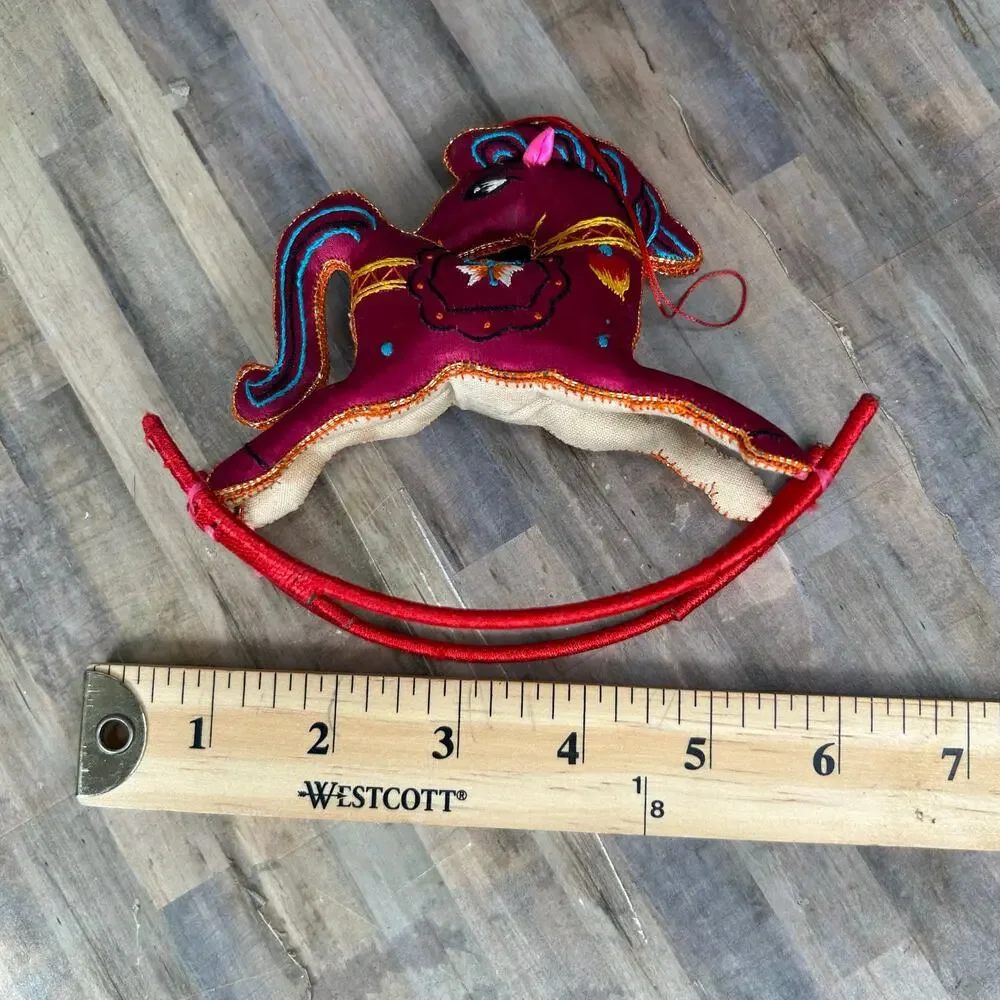Vintage Red Chinese Silk Embroidered Rocking Horse Hanging Ornament New Year